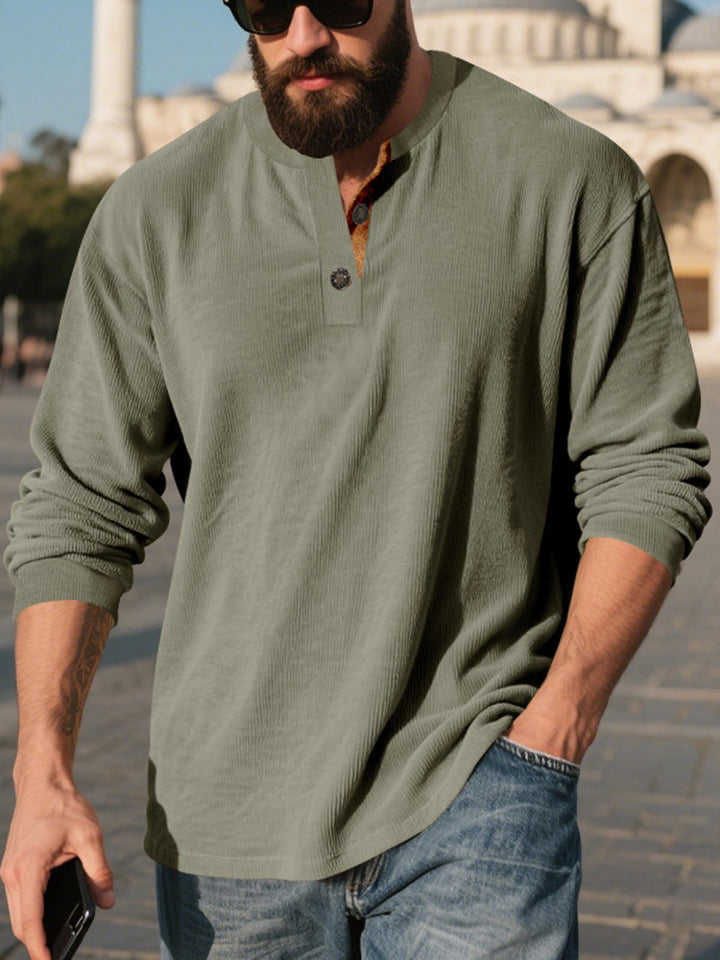 Alohadaddy® Corduroy Long Sleeve T-Shirt Simple Loose Casual Henley Men&