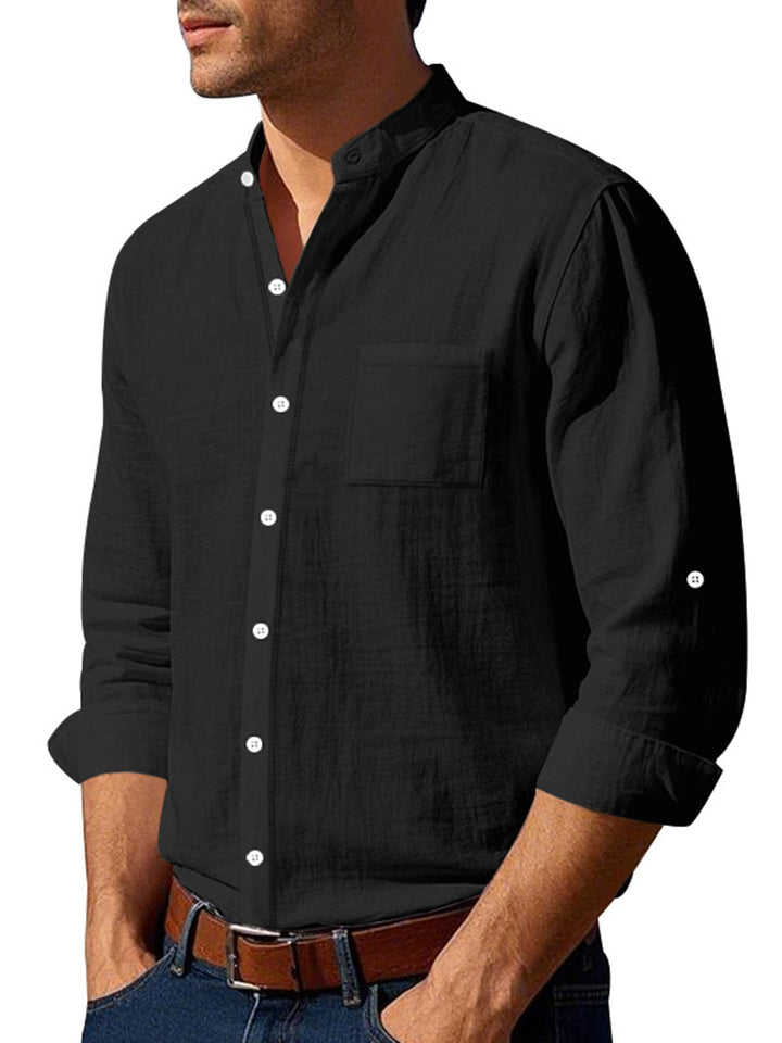 Alohadaddy® Linen Shirt Long Sleeve Stand Collar Breathable Casual New Chinese Pocket Shirt Men&