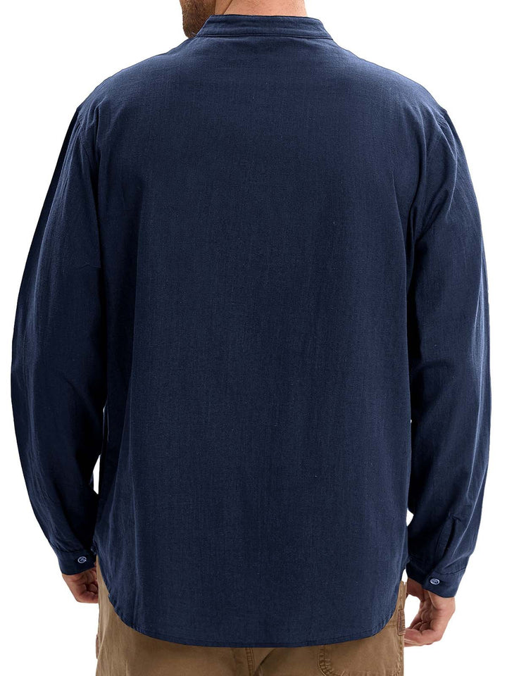 Alohadaddy® Casual Print Long Sleeve Cotton and Linen Versatile Light Mature Style Polo Shirt