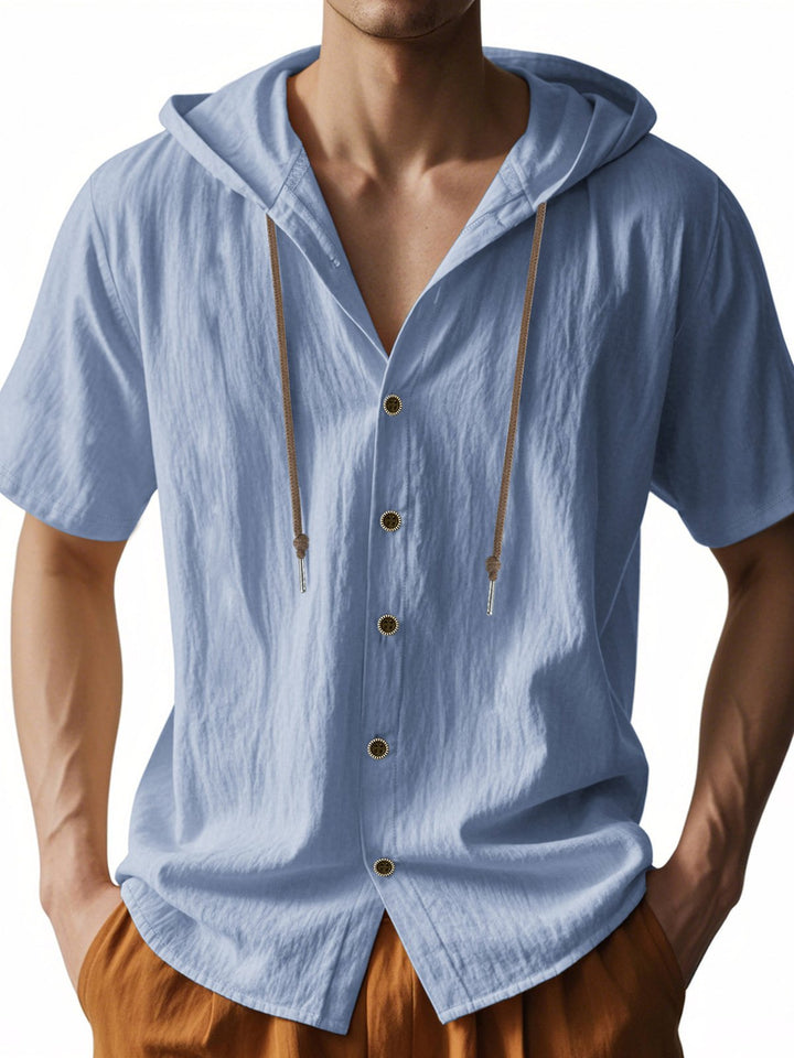 Alohadaddy® Solid Large Size Solid Breathable Linen Ami Khaki Loose Hooded Short Sleeve Shirt
