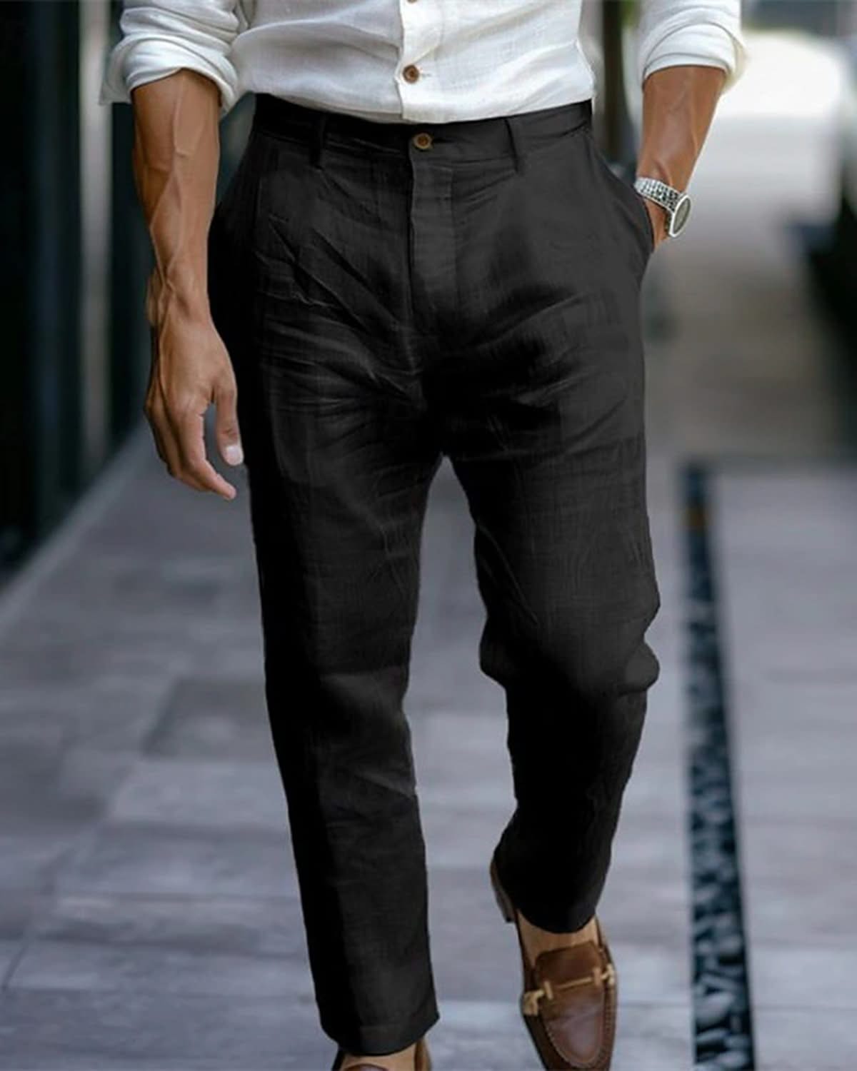 Alohadaddy® Linen Solid Color Slant Pocket Daily Outdoor Breathable Casual Pants Big & Tall