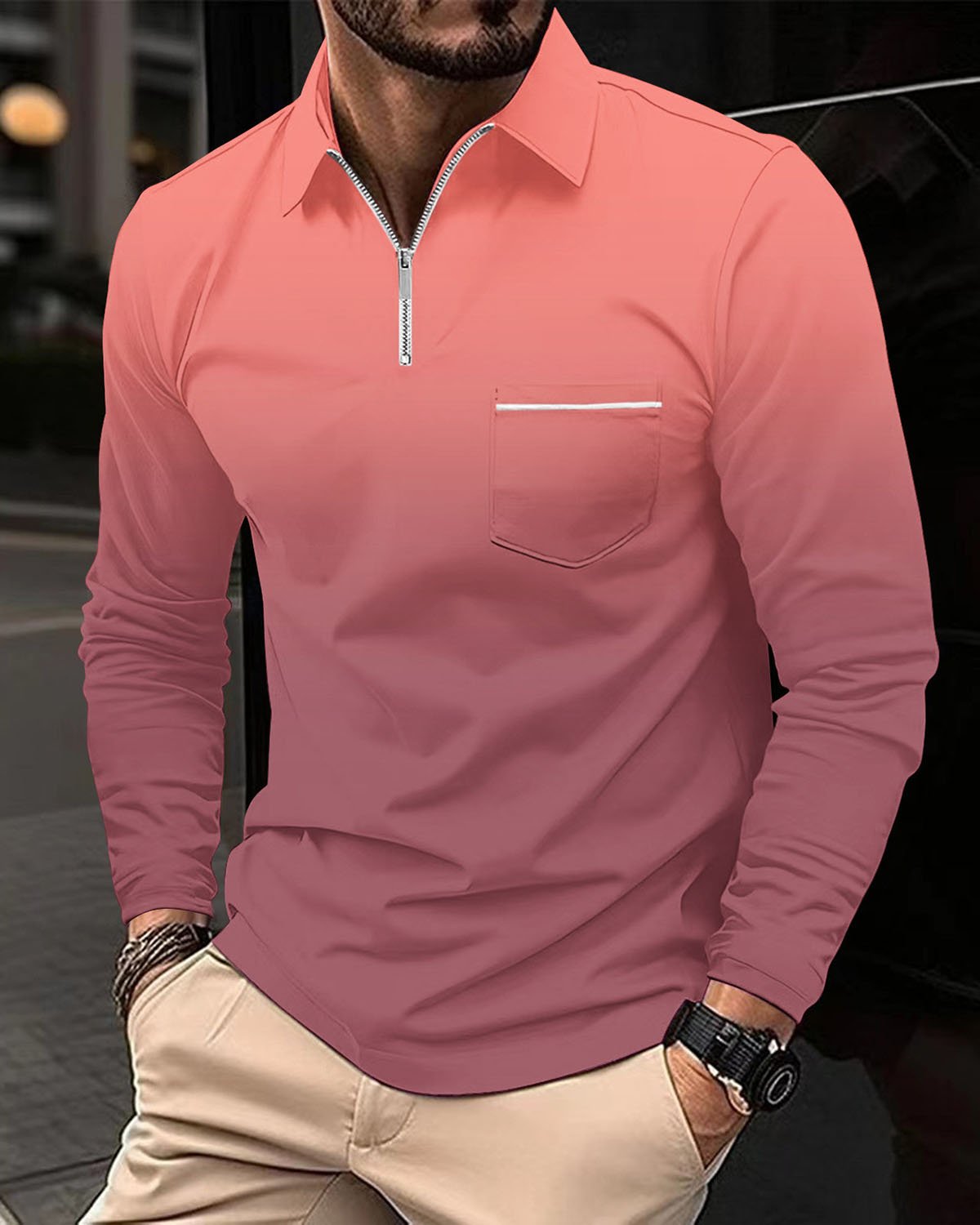 Alohadaddy® Men's Sporty Gradient High-Elastic Vertical Stripe Long-Sleeve Polo Shirt Slim Fit Knit Base Layer