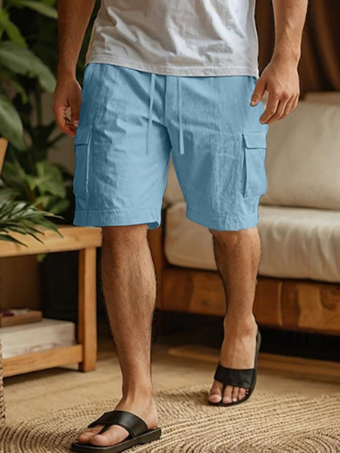 Alohadaddy® Cotton And Linen Workwear Shorts Drawstring Elastic Waist Straight Leg Solid Color Breathable Beach Five-point Casual Shorts