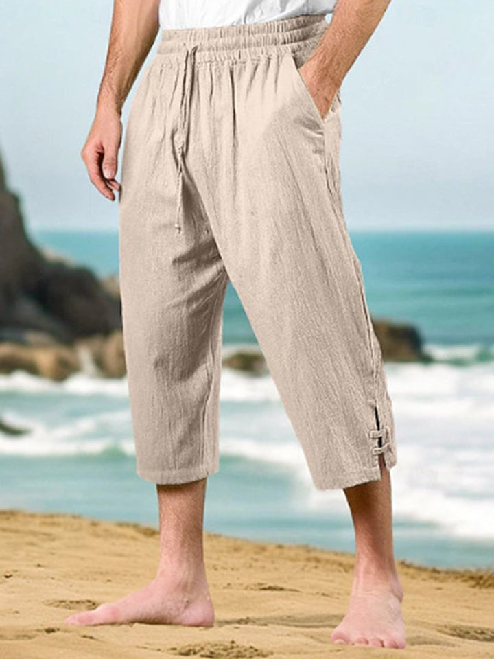 Alohadaddy® Drawstring Waist Multi-Pocket Cotton Linen Capri Beach Pants
