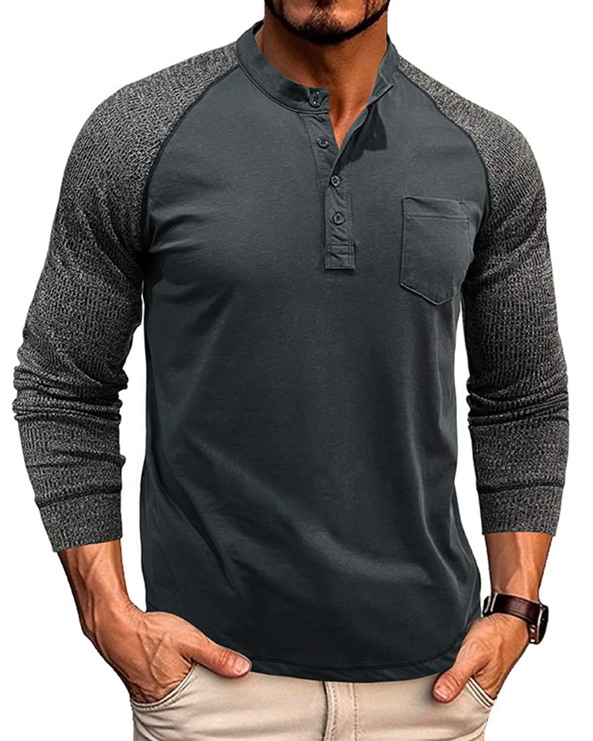 Alohadaddy® Men's Round Neck Ribbed Long Sleeve Henry Bottoming Shirt American Tough Guy Contrast Retro Button T-Shirt Top