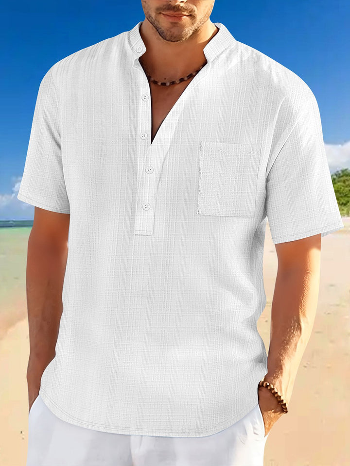 Alohadaddy® Basic Versatile Stand Collar Short Sleeve Shirt Loose Casual Holiday Henry Shirt Men