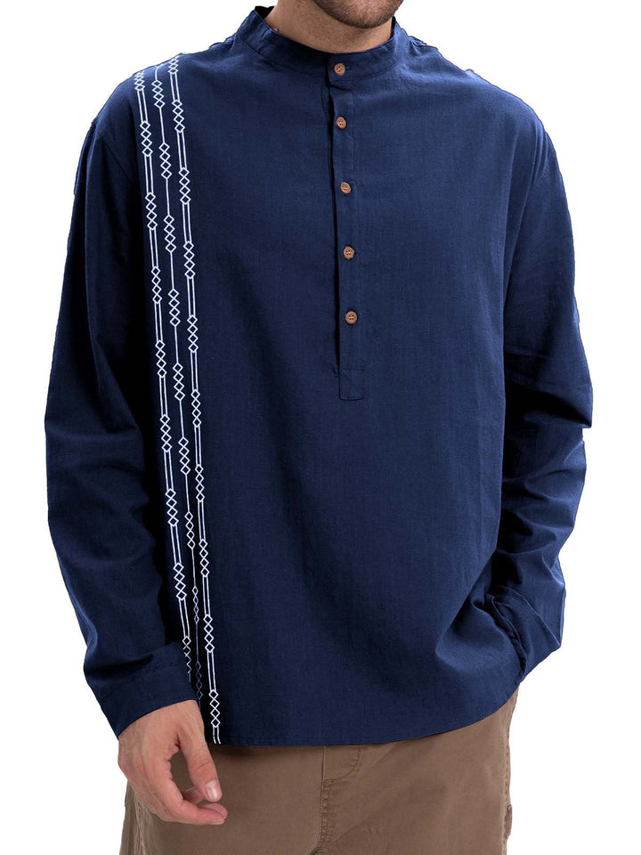 Alohadaddy® Casual Print Long Sleeve Cotton and Linen Versatile Light Mature Style Polo Shirt