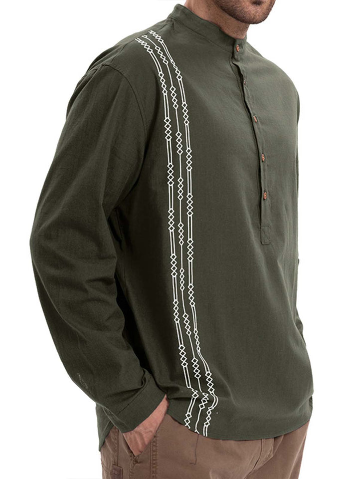 Alohadaddy® Casual Print Long Sleeve Cotton and Linen Versatile Light Mature Style Polo Shirt