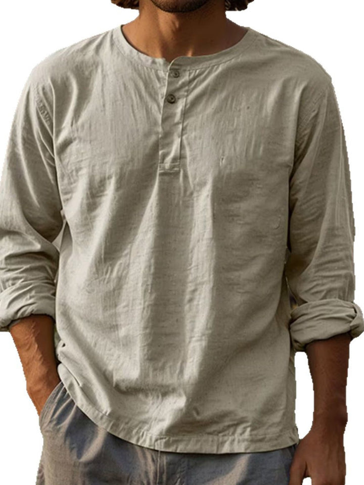 Alohadaddy® Casual Long Sleeve Cotton and Linen Solid Color Shirt Round Neck Clothing Button Two-Button Linen T-Shirt Big &amp; Tall