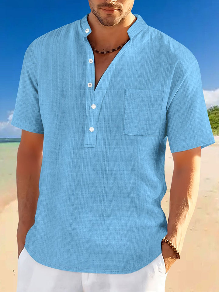 Alohadaddy® Basic Versatile Stand Collar Short Sleeve Shirt Loose Casual Holiday Henry Shirt Men