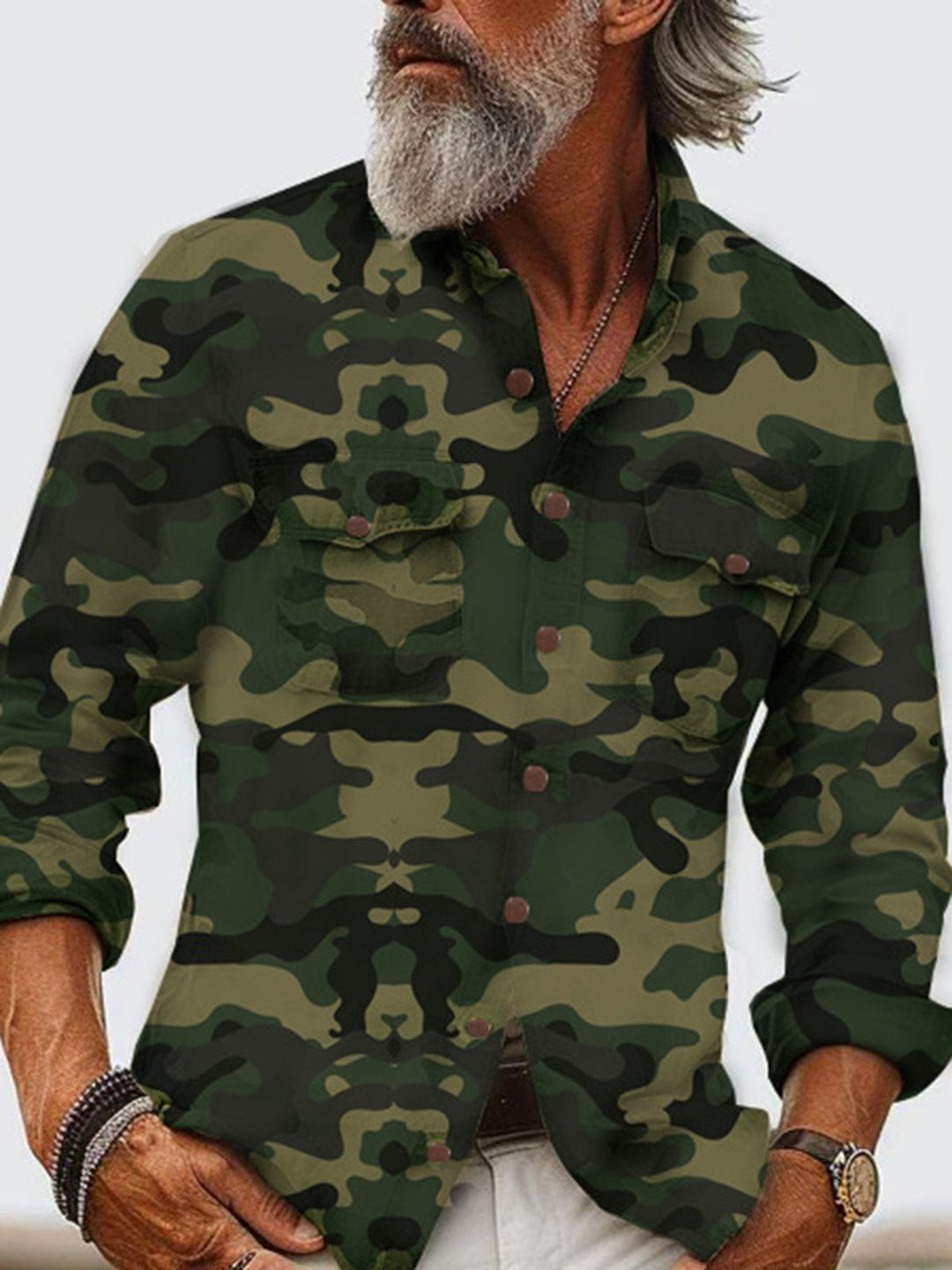 Alohadaddy® Casual Printed Lapel Long Sleeve Loose Multi-Pocket Casual Men&