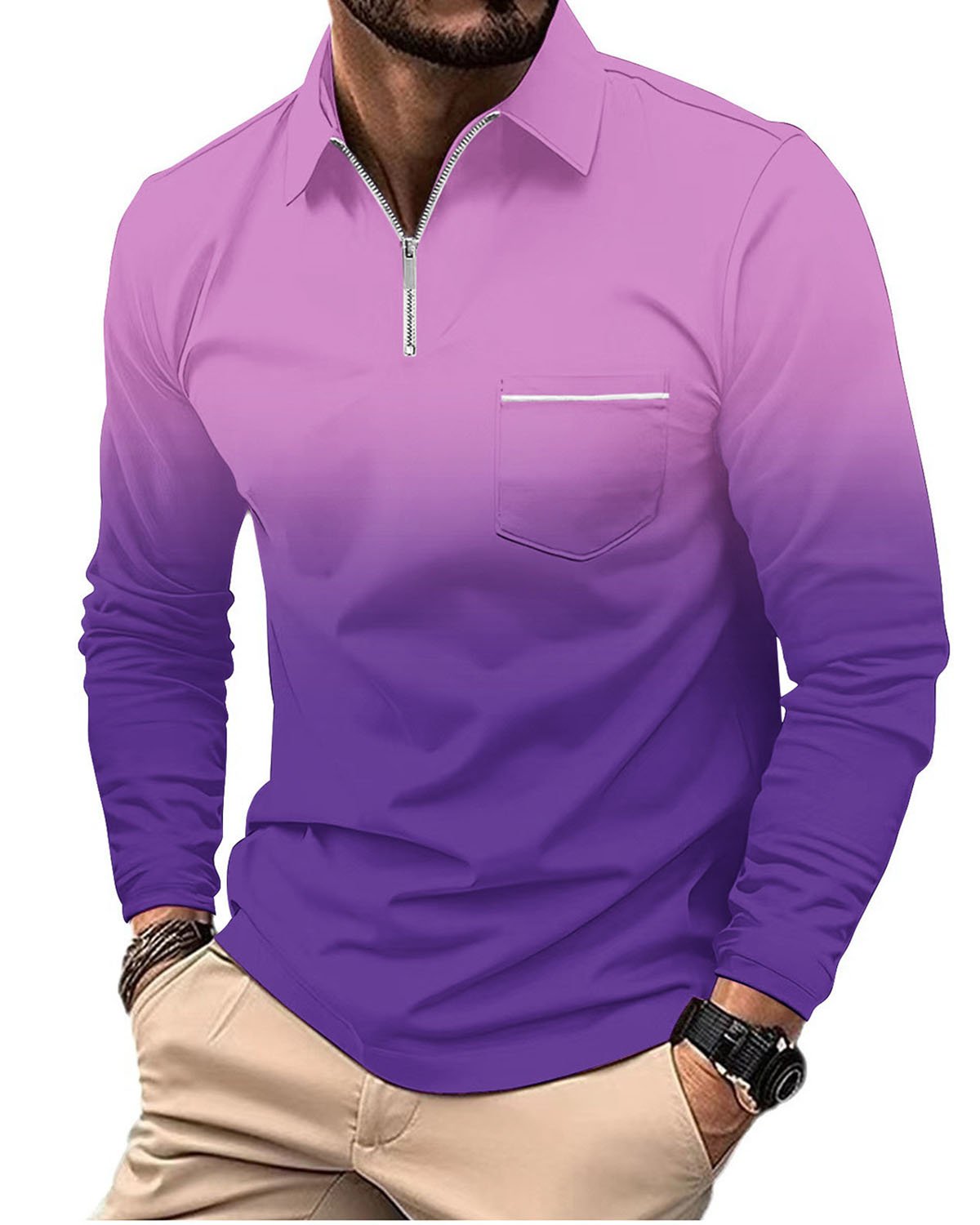 Alohadaddy® Men's Sporty Gradient High-Elastic Vertical Stripe Long-Sleeve Polo Shirt Slim Fit Knit Base Layer