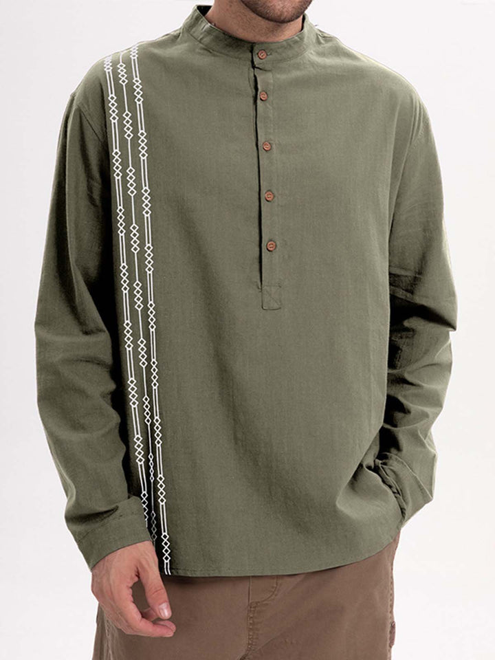 Alohadaddy® Casual Print Long Sleeve Cotton and Linen Versatile Light Mature Style Polo Shirt