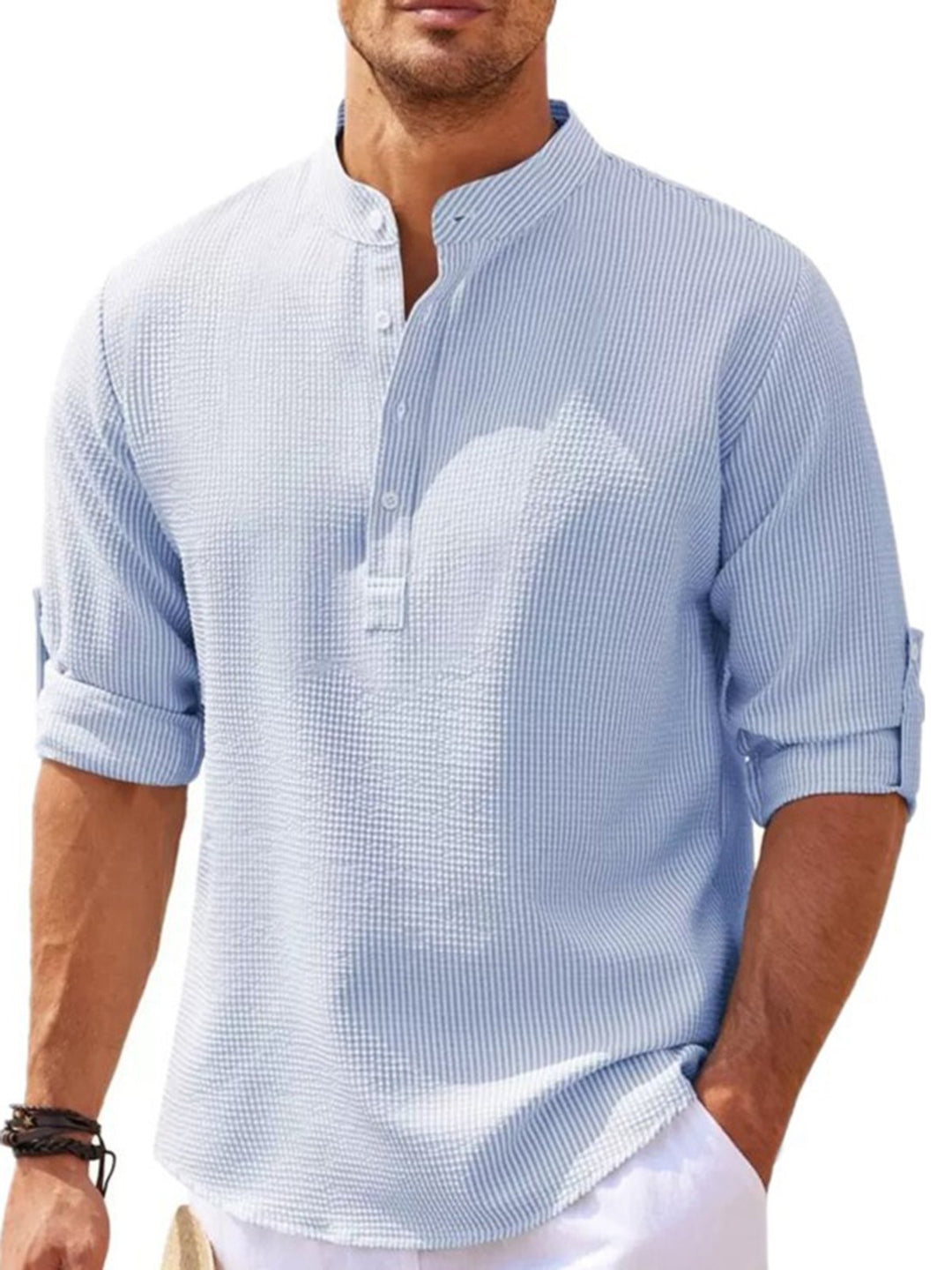 Alohadaddy® Vintage Long Sleeve Stand Collar Button-Up Pineapple Check Shirt Men&