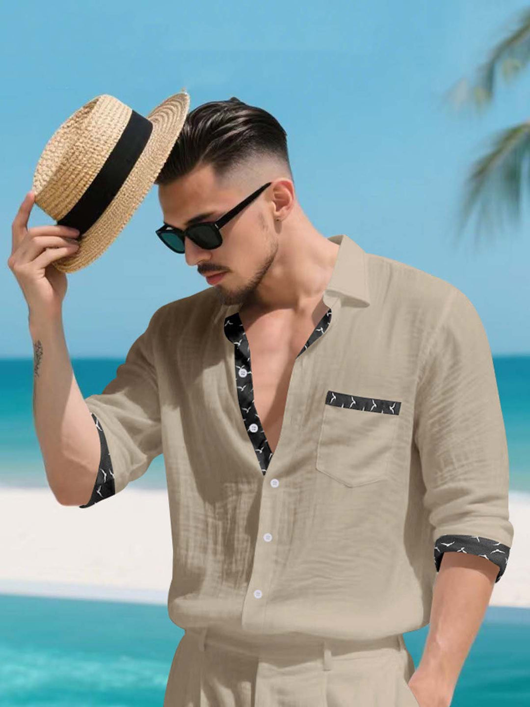Alohadaddy® Linen Platform Lapel Long Sleeve Cardigan Shirt Vacation Casual Men&