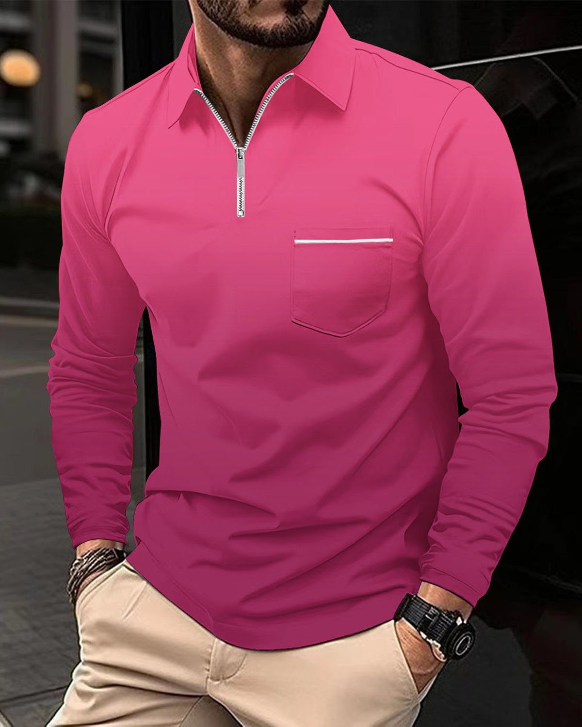 Alohadaddy® Men's Sporty Gradient High-Elastic Vertical Stripe Long-Sleeve Polo Shirt Slim Fit Knit Base Layer