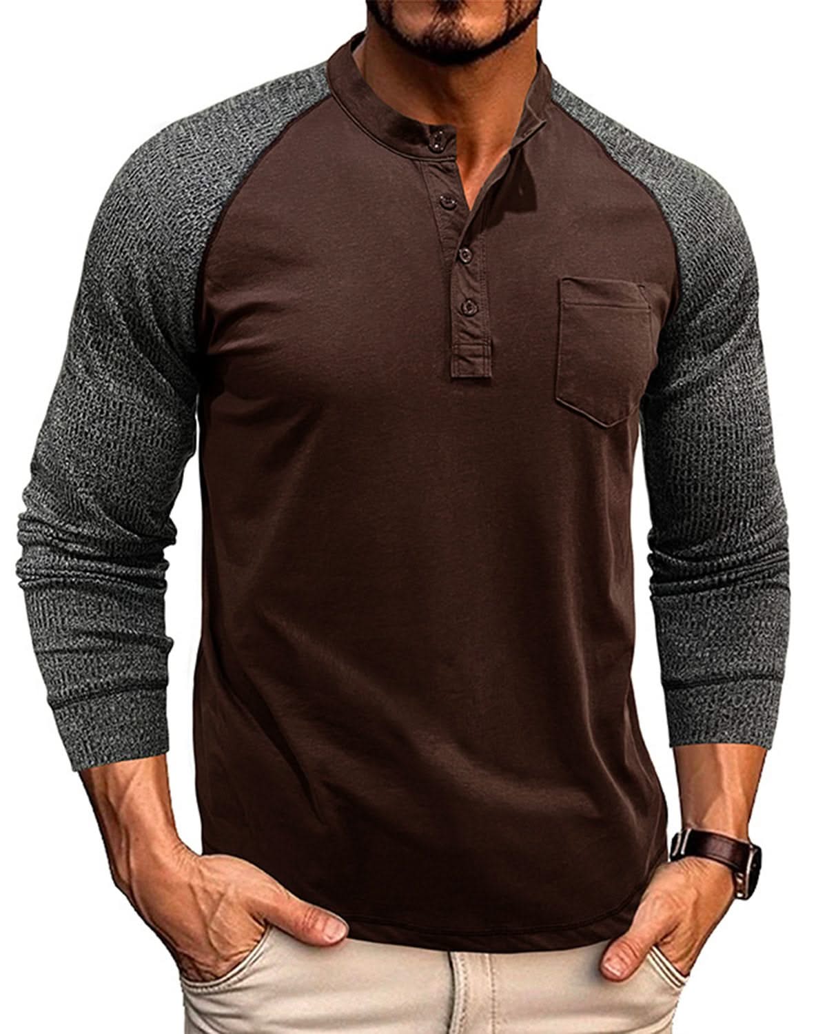 Alohadaddy® Men's Round Neck Ribbed Long Sleeve Henry Bottoming Shirt American Tough Guy Contrast Retro Button T-Shirt Top