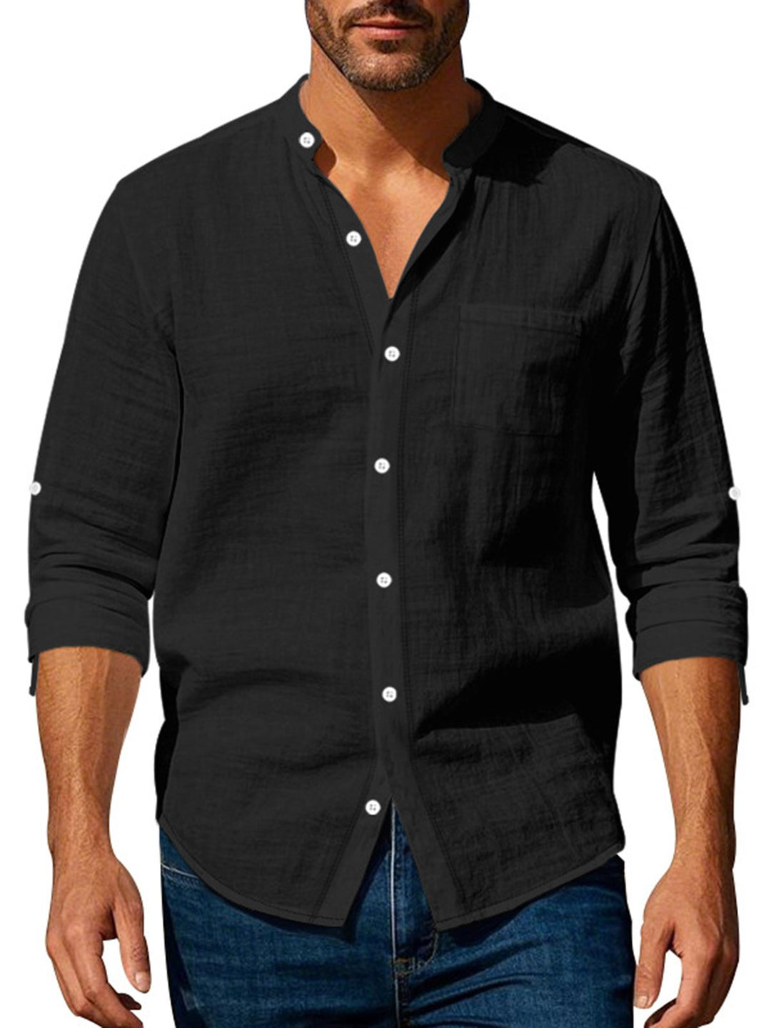 Alohadaddy® Linen Shirt Long Sleeve Stand Collar Breathable Casual New Chinese Pocket Shirt Men&