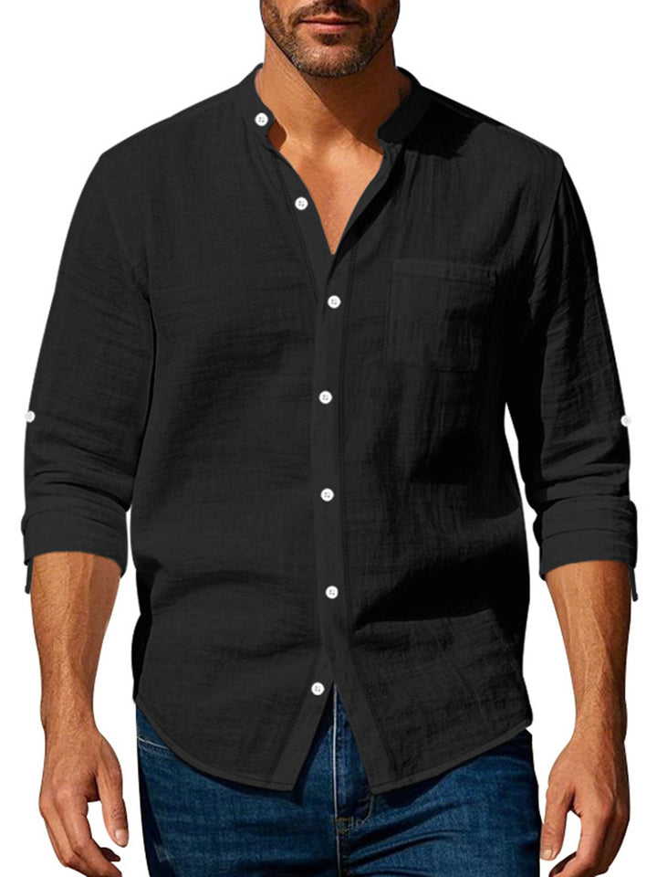 Alohadaddy® Linen Shirt Long Sleeve Stand Collar Breathable Casual New Chinese Pocket Shirt Men&