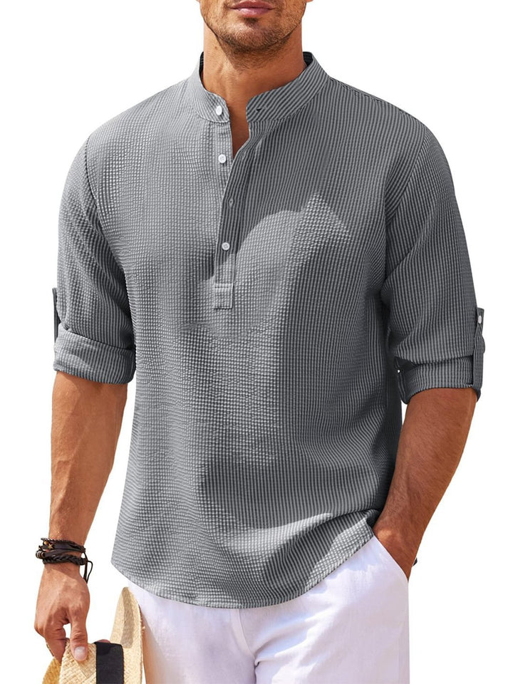 Alohadaddy® Vintage Long Sleeve Stand Collar Button-Up Pineapple Check Shirt Men&