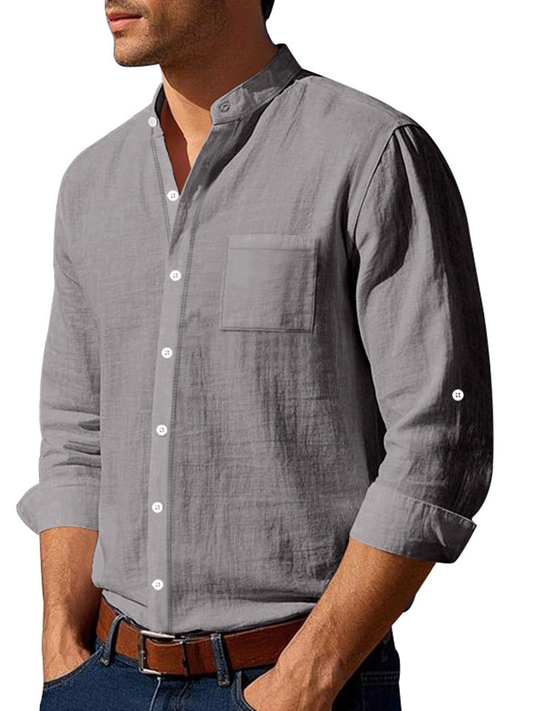 Alohadaddy® Linen Shirt Long Sleeve Stand Collar Breathable Casual New Chinese Pocket Shirt Men&