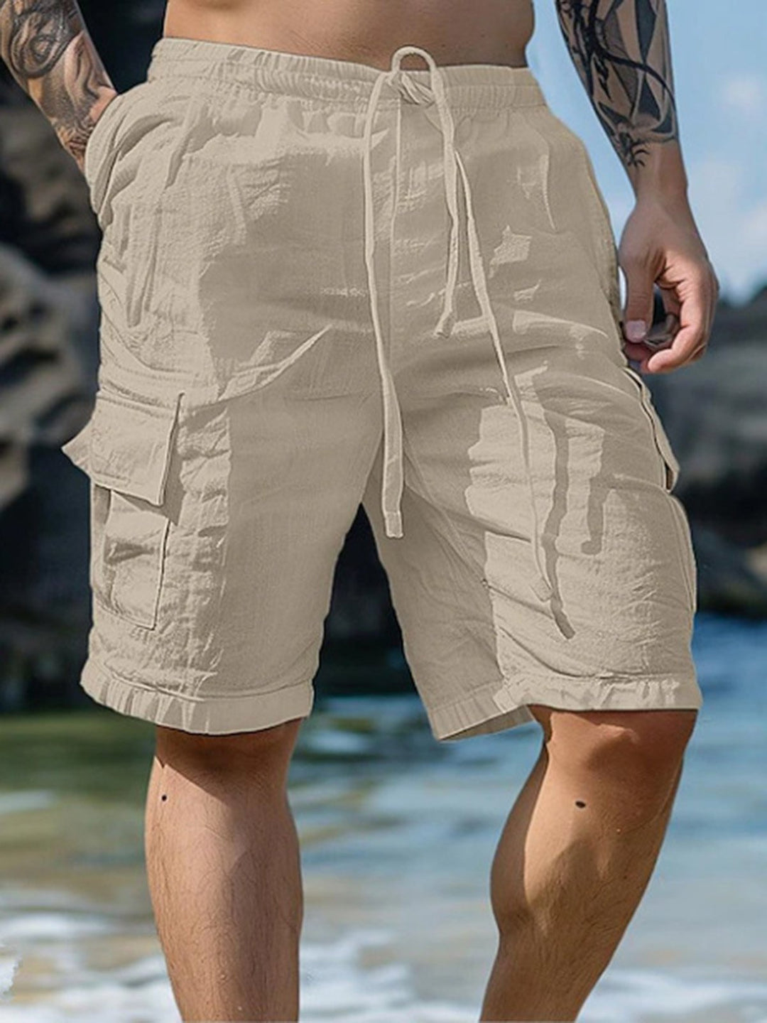 Alohadaddy® Casual Cotton and Linen Shorts Drawstring Elastic Waist Straight Leg Solid Color Breathable Daily Beach Five-point Casual Shorts