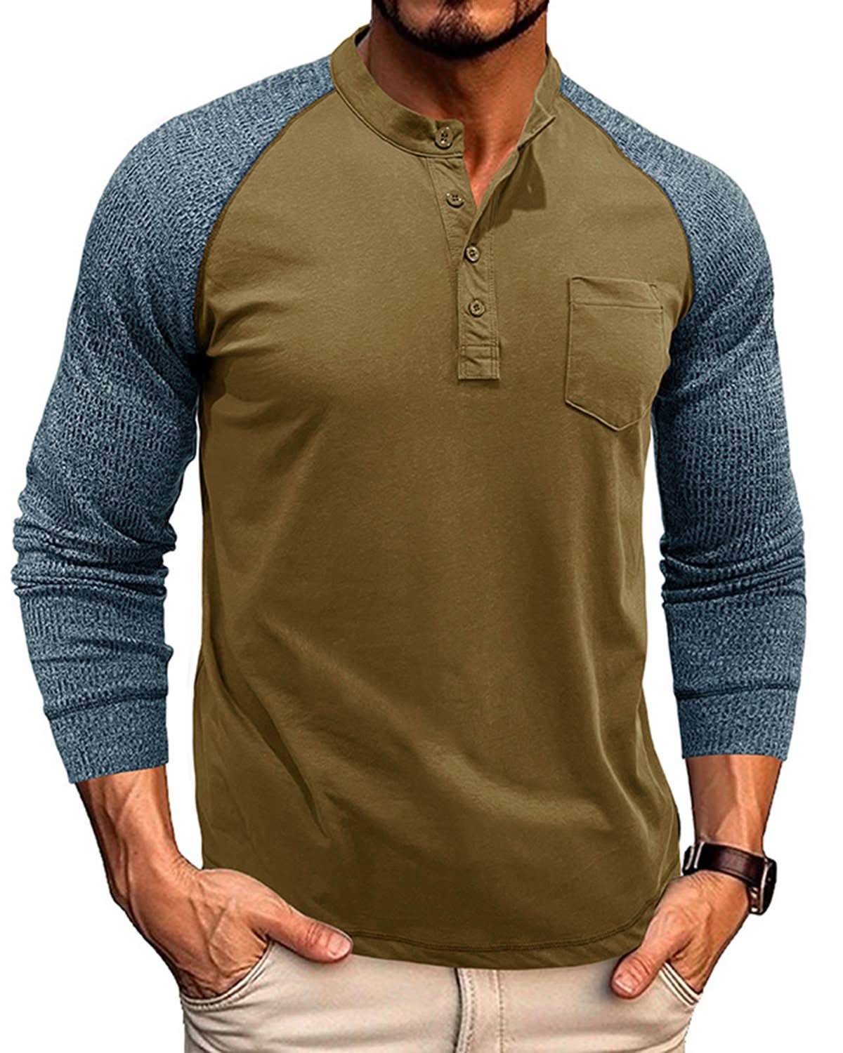 Alohadaddy® Men's Round Neck Ribbed Long Sleeve Henry Bottoming Shirt American Tough Guy Contrast Retro Button T-Shirt Top