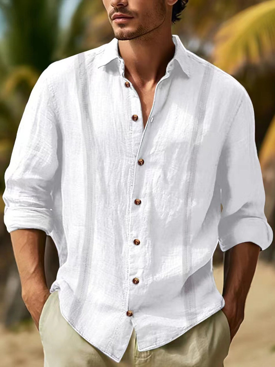 Alohadaddy® Casual Striped Cotton and Linen Moisture Wicking Versatile Chest Pocket Men&