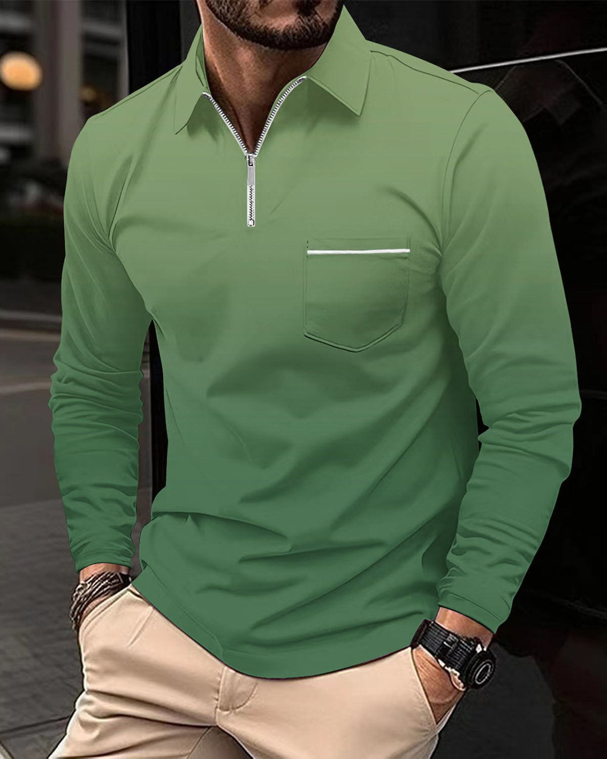 Alohadaddy® Men's Sporty Gradient High-Elastic Vertical Stripe Long-Sleeve Polo Shirt Slim Fit Knit Base Layer