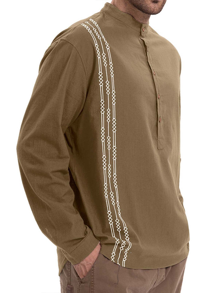 Alohadaddy® Casual Print Long Sleeve Cotton and Linen Versatile Light Mature Style Polo Shirt