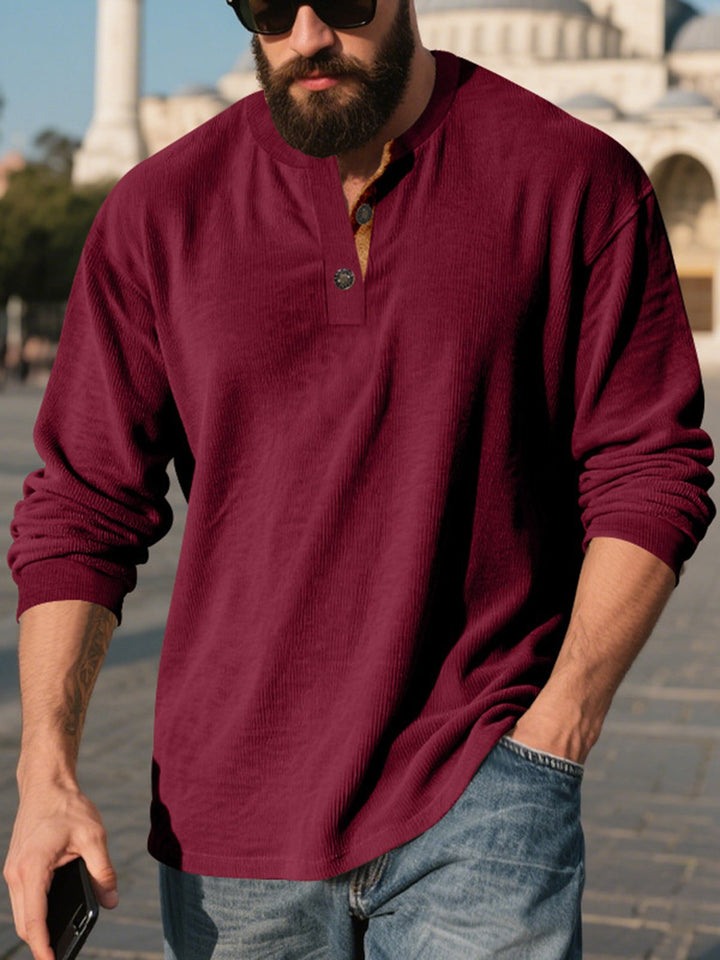 Alohadaddy® Corduroy Long Sleeve T-Shirt Simple Loose Casual Henley Men&