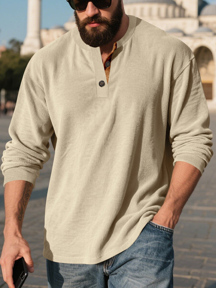 Alohadaddy® Corduroy Long Sleeve T-Shirt Simple Loose Casual Henley Men&