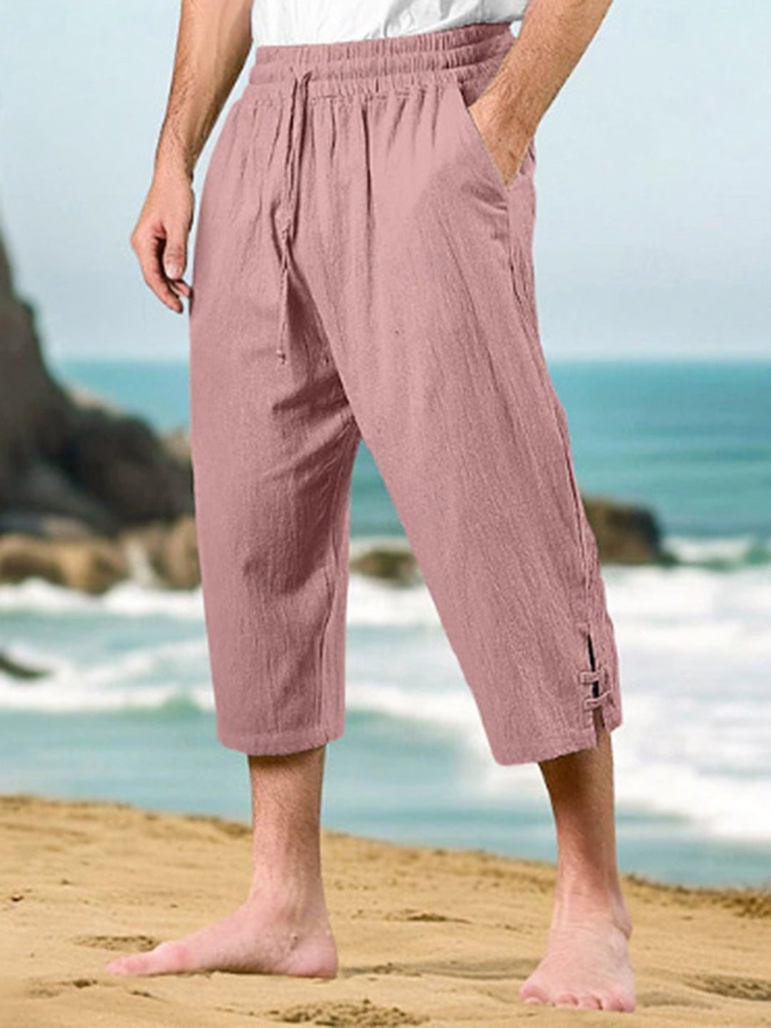 Alohadaddy® Drawstring Waist Multi-Pocket Cotton Linen Capri Beach Pants