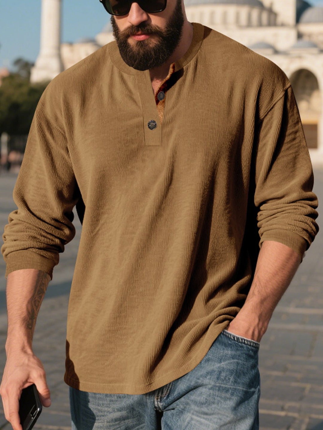 Alohadaddy® Corduroy Long Sleeve T-Shirt Simple Loose Casual Henley Men&