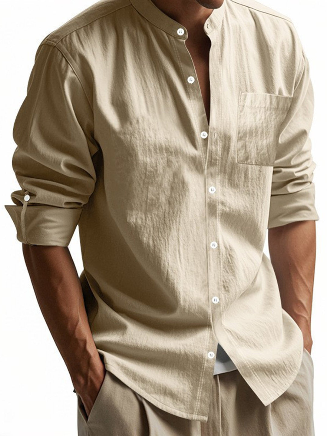 Alohadaddy® Linen Shirt Long Sleeve Stand Collar Breathable Casual Men&