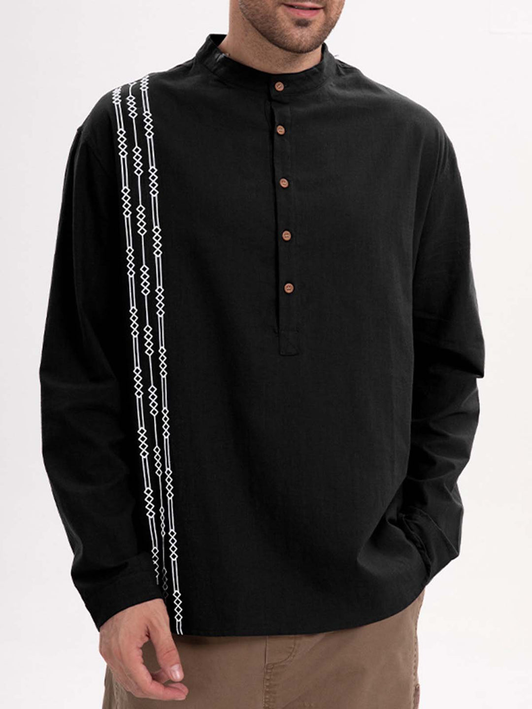 Alohadaddy® Casual Print Long Sleeve Cotton and Linen Versatile Light Mature Style Polo Shirt