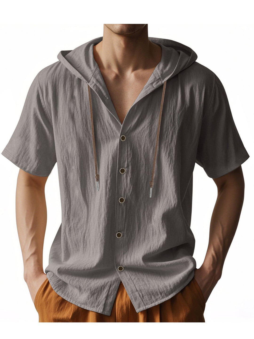 Alohadaddy® Solid Large Size Solid Breathable Linen Ami Khaki Loose Hooded Short Sleeve Shirt