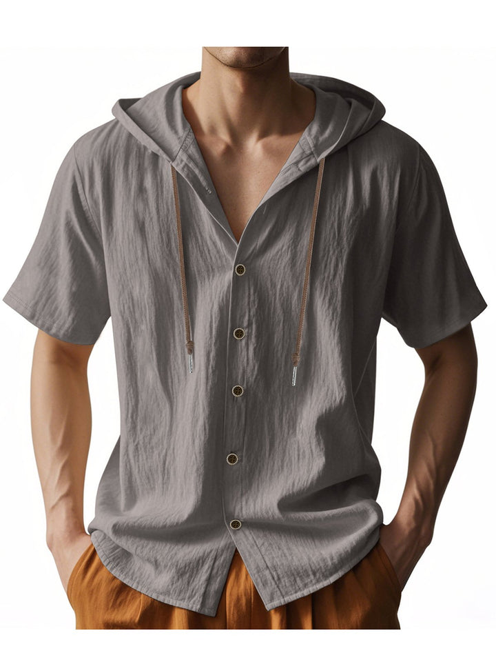 Alohadaddy® Solid Large Size Solid Breathable Linen Ami Khaki Loose Hooded Short Sleeve Shirt