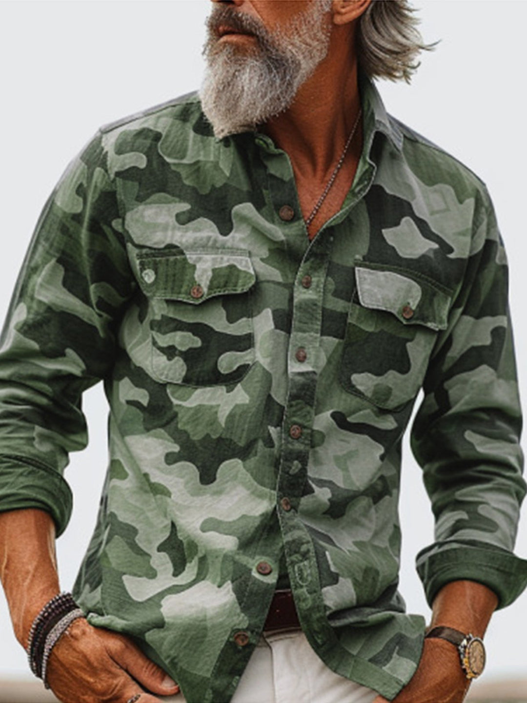 Alohadaddy® Casual Printed Lapel Long Sleeve Loose Multi-Pocket Casual Men&