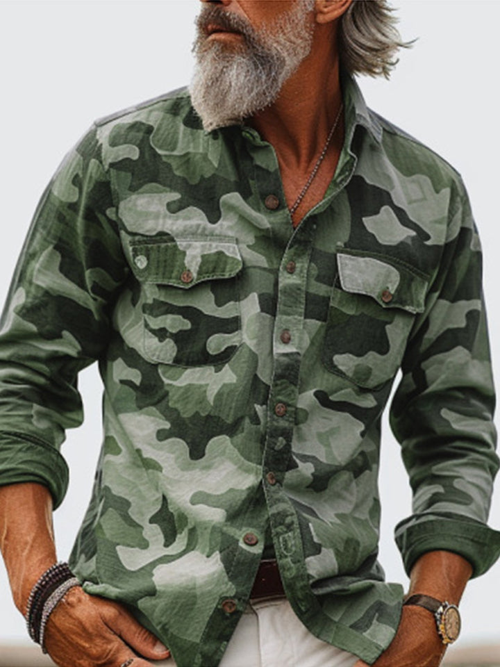 Alohadaddy® Casual Printed Lapel Long Sleeve Loose Multi-Pocket Casual Men&