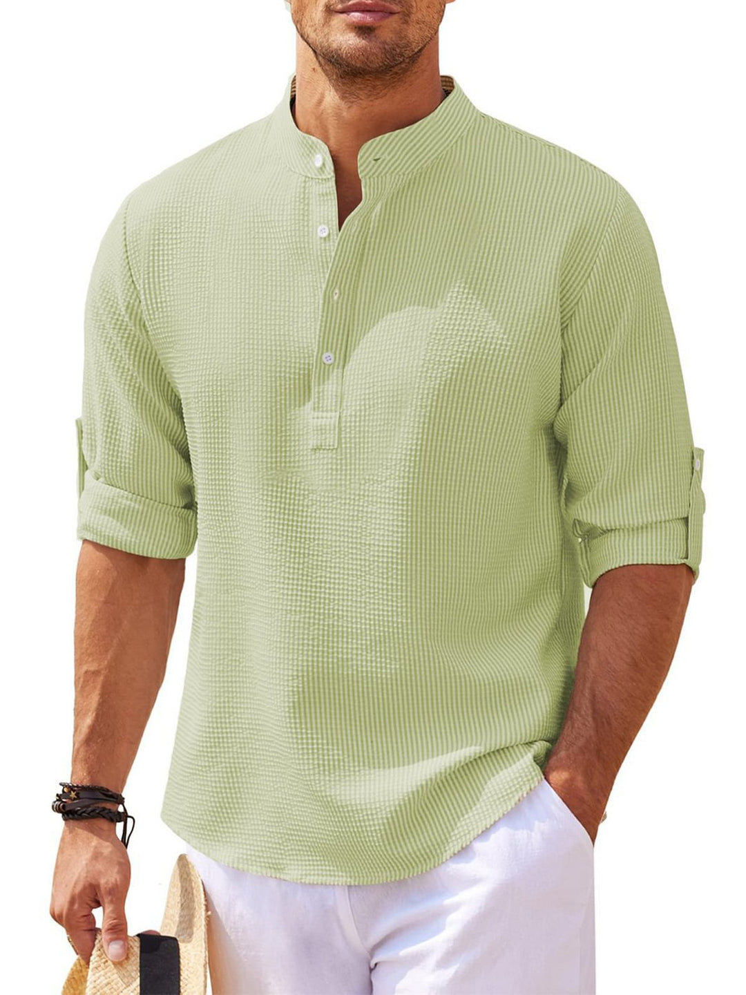 Alohadaddy® Vintage Long Sleeve Stand Collar Button-Up Pineapple Check Shirt Men&