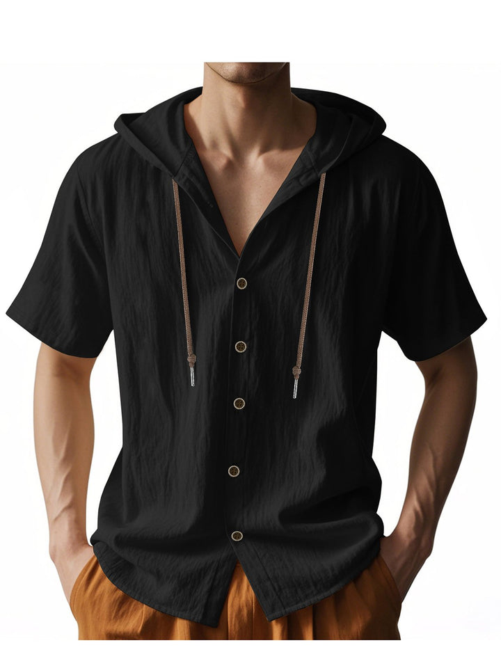 Alohadaddy® Solid Large Size Solid Breathable Linen Ami Khaki Loose Hooded Short Sleeve Shirt