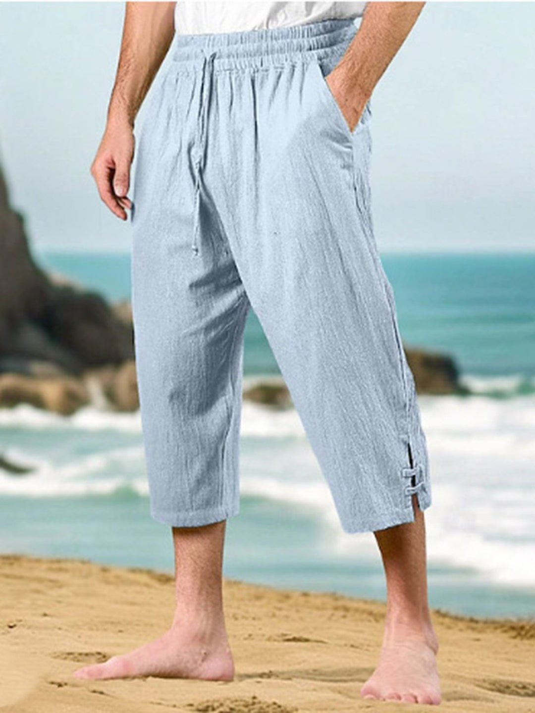 Alohadaddy® Drawstring Waist Multi-Pocket Cotton Linen Capri Beach Pants