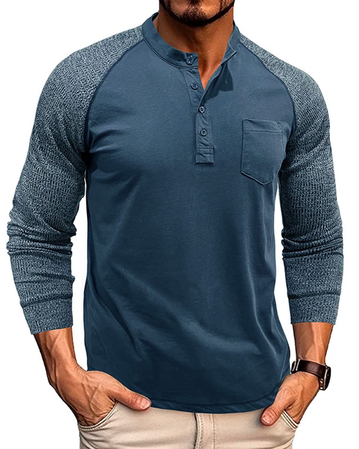 Alohadaddy® Men's Round Neck Ribbed Long Sleeve Henry Bottoming Shirt American Tough Guy Contrast Retro Button T-Shirt Top