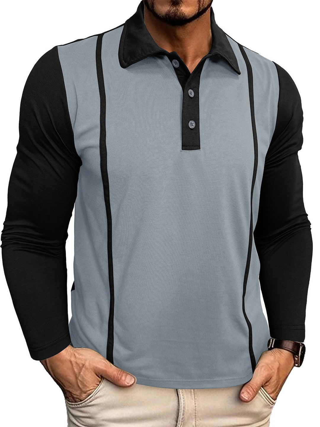 Alohadaddy® casual contrast lapel long-sleeved button-down Polo shirt for men