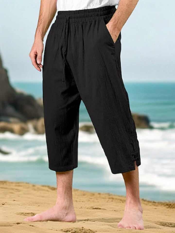 Alohadaddy® Drawstring Waist Multi-Pocket Cotton Linen Capri Beach Pants