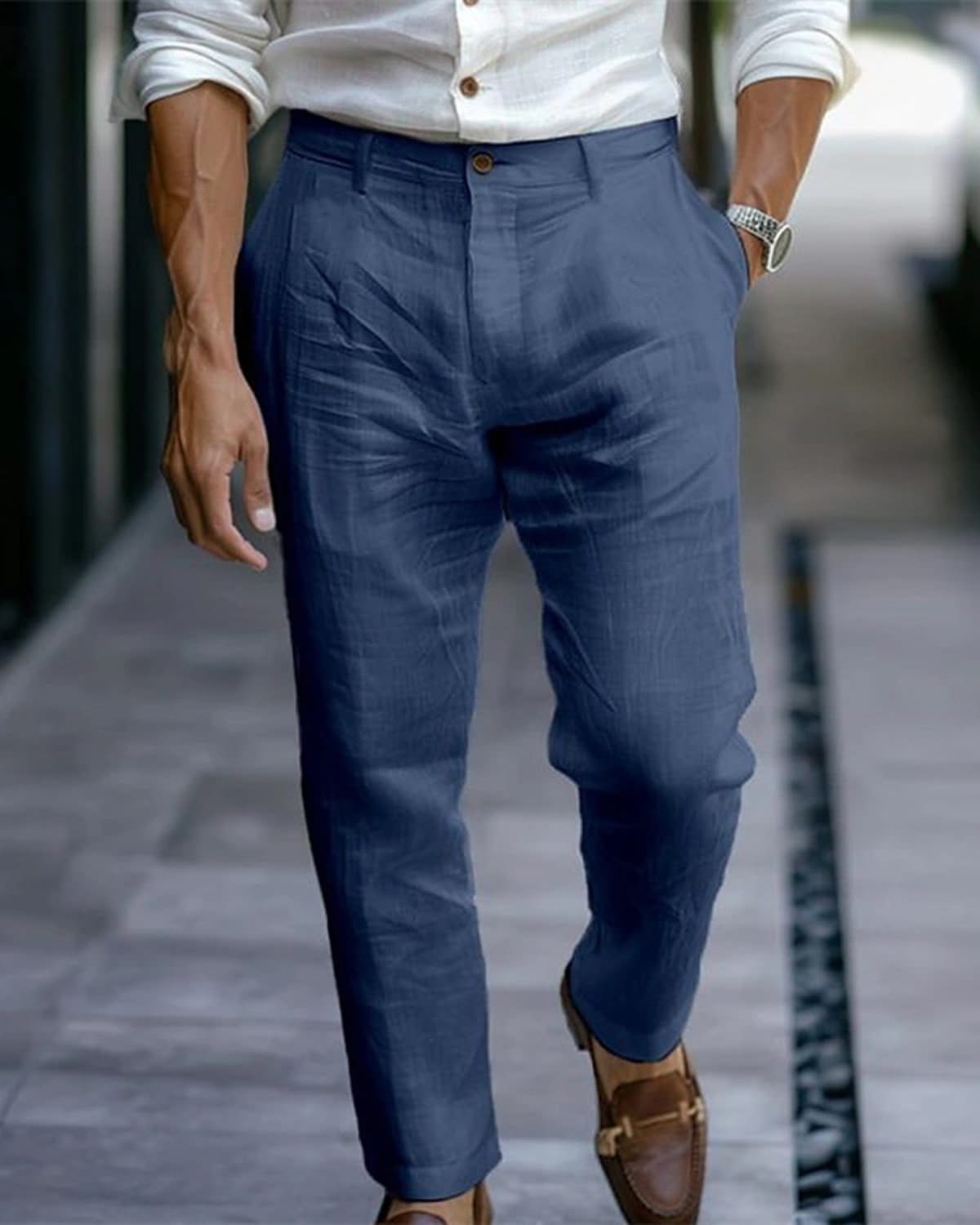 Alohadaddy® Linen Solid Color Slant Pocket Daily Outdoor Breathable Casual Pants Big & Tall