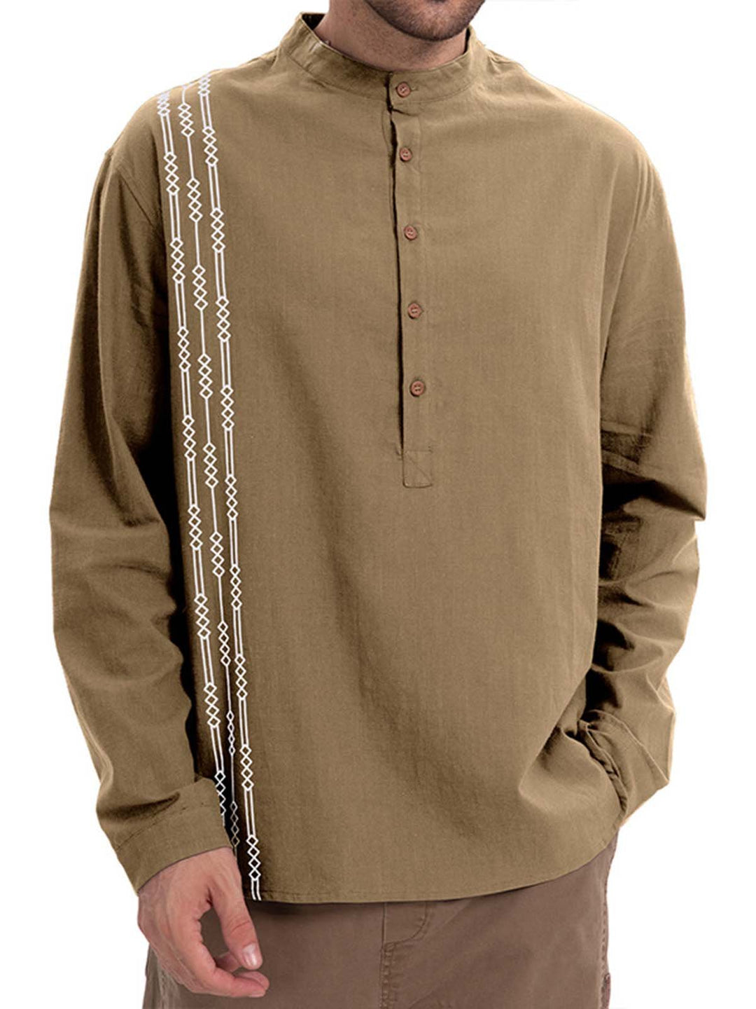 Alohadaddy® Casual Print Long Sleeve Cotton and Linen Versatile Light Mature Style Polo Shirt