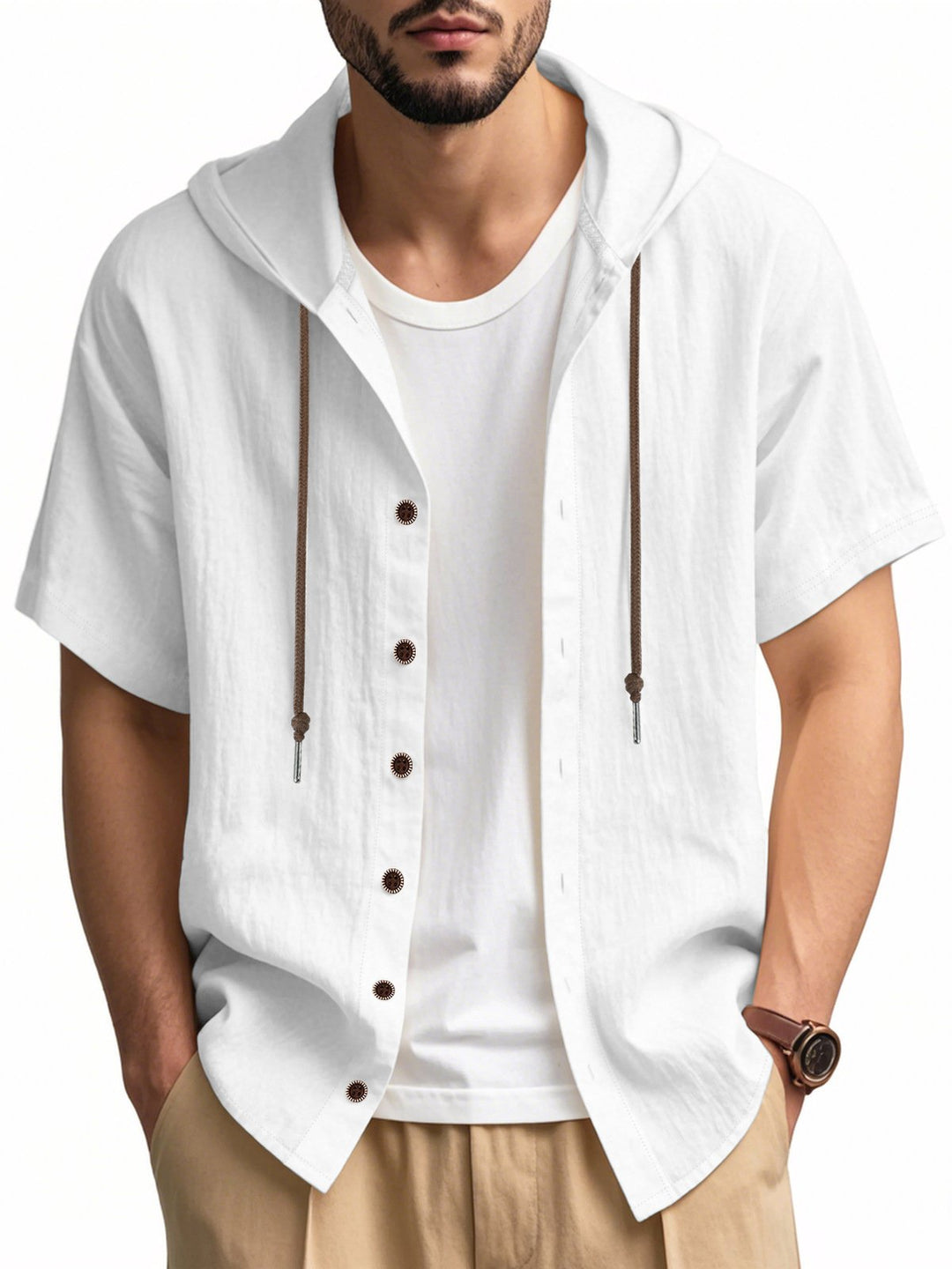 Alohadaddy® Solid Large Size Solid Breathable Linen Ami Khaki Loose Hooded Short Sleeve Shirt