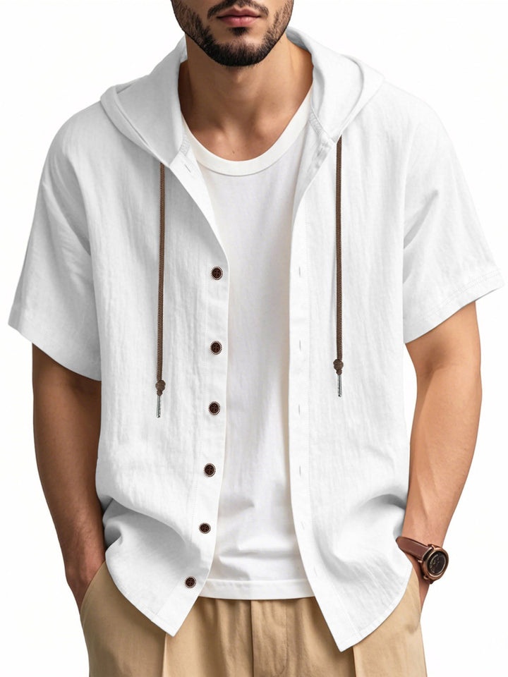 Alohadaddy® Solid Large Size Solid Breathable Linen Ami Khaki Loose Hooded Short Sleeve Shirt